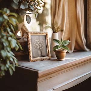 Vintage-style still life painting, featuring white flowers in an earthen vase on a textured background.