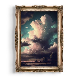 May include: A framed painting of a dramatic, stormy sky with large, fluffy clouds in shades of pink, purple, and blue. The clouds are illuminated by a bright light, creating a sense of awe and wonder. The sky is reflected in a calm body of water in the foreground, with a few trees and bushes along the shoreline.