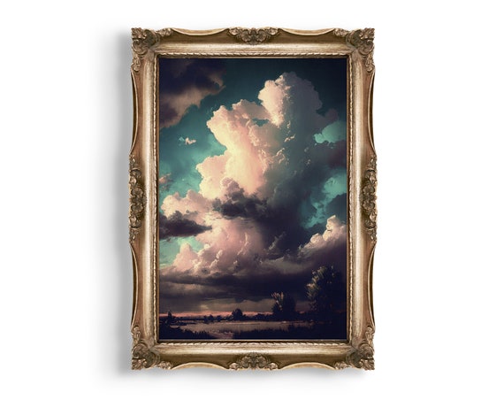 Country Skyscape | Antique Oil Painting Printable, Cottagecore Decor, Vintage Farmhouse Wall Art, French Country Decor, Moody Room Aesthetic