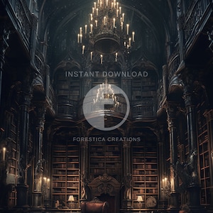 May include: A dark, gothic library with tall bookshelves filled with books. A large chandelier hangs from the ceiling. A leather armchair sits in the center of the room. The text "INSTANT DOWNLOAD" and "FORESTICA CREATIONS" is visible in the image.