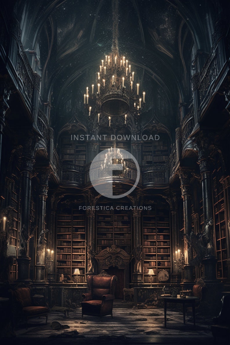 May include: A dark, gothic library with tall bookshelves filled with books. A large chandelier hangs from the ceiling. A leather armchair sits in the center of the room. The text "INSTANT DOWNLOAD" and "FORESTICA CREATIONS" is visible in the image.
