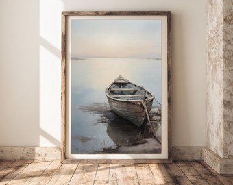 Vintage boot zeegezicht print | Sfeervolle muurkunst kust (digitale download)