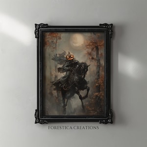Kürbis Reiter | Dunkles schwermütiges Kunstwerk, Halloween-Druck, Goth Hexe Wohnkultur, Dark Academia, Gotische Wohnkultur, Ölgemälde Ästhetik