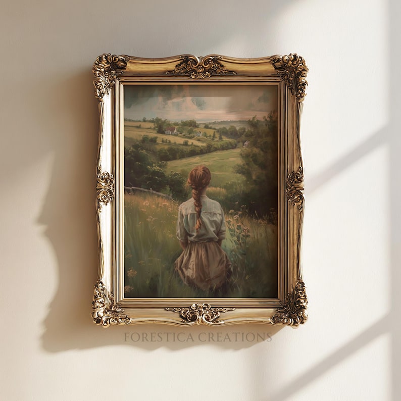 Anne | Väggkonst i Cottagecore, Vintage bokinredning, Antik oljemålningsestetik, Rustik heminredning, Bondgårdstryck, Stämningsfull grön konst bild 1