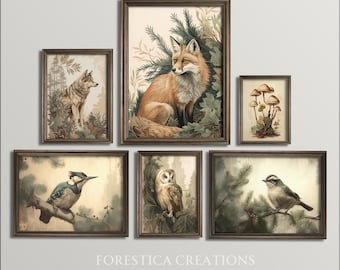 Set of 6 Nature Prints | Forest Gallery Wall Set, Cottagecore Wall Art, Mushroom Decor, Botanical Oil Painting, Vintage Boho Animal Wall Art