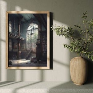 May include: A framed print of a painting depicting a grand, empty, and slightly dusty library interior with a large window, a staircase, and bookshelves. The painting is set against a light gray wall with a wooden frame.