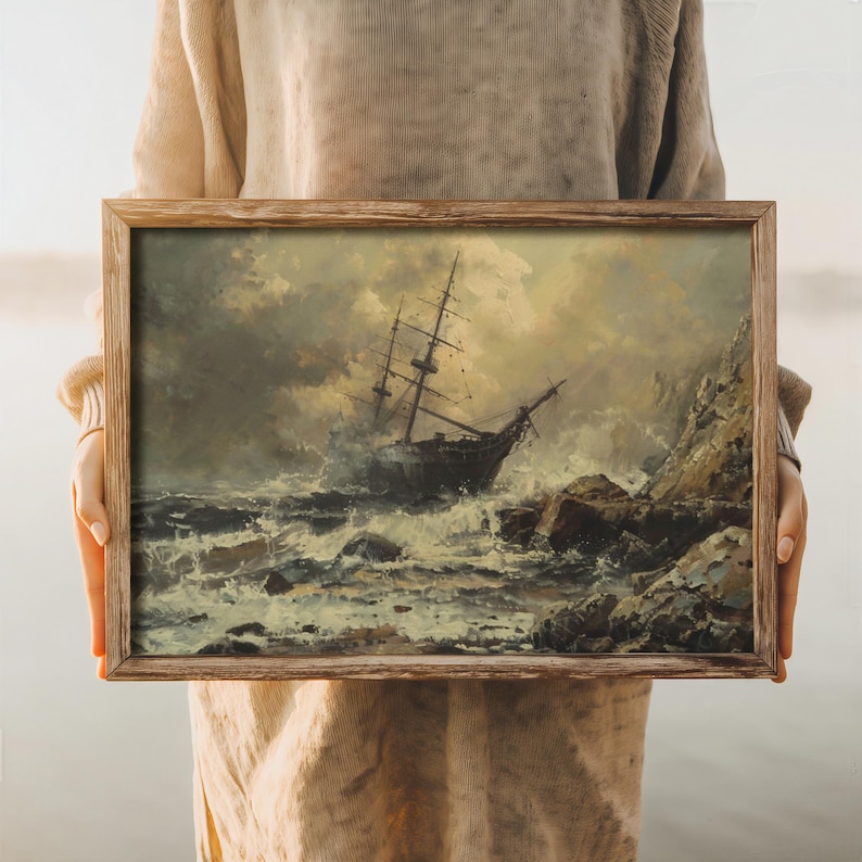 Rustic home decor ocean wall art, depicting a historic shipwreck scene with dynamic skies and rough waters.