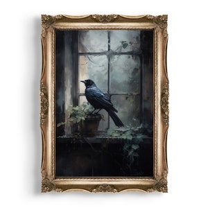 Krähe | Dark Academia Prints, Witchy Raumdekor, Gothic Ölgemälde zum Ausdrucken, Gothic Wandkunst, Cottagecore Ästhetik, Dark Moody Decor