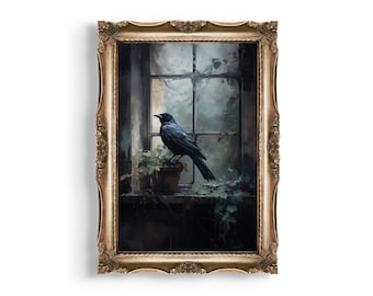 Crow | Dark Academia Prints, Witchy Room Decor, Gothic Oil Painting Printable, Goth Wall Art, Dark Cottagecore Aesthetic, Dark Moody Decor