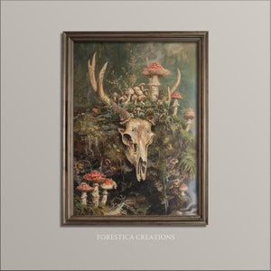Envahi par la végétation du crâne de cerf | Impression cottagecore foncé, décoration champignon, oeuvre d'art nature de mauvaise humeur, art mural sorcière verte, déco gothique, esthétique botanique