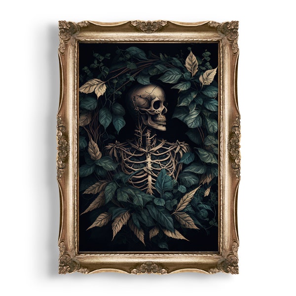 Botanical Skeleton Portrait | Dark Cottagecore Room Decor, Gothic Skull Wall Art, Floral Goth Decor, Dark Oil Painting, Vintage Aesthetic