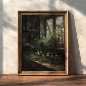 Herbal Kitchen | Dark Cottagecore Art, Witchy Decor, Dark Green Aesthetic, Vintage Floral Painting, Botanical Prints, Witch Room Decor