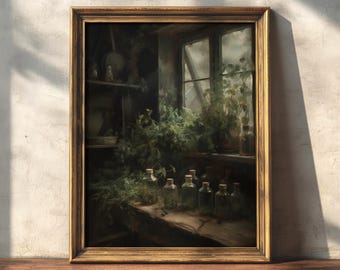 Kräuterküche | Dark Cottagecore Kunst, Witchy Dekor, Dunkelgrüne Ästhetik, Vintage Blumenmalerei, Botanische Drucke, Hexe Zimmer Dekor
