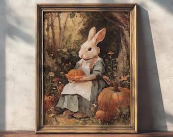 Vintage Rabbit Autumn Print: Pumpkin Farmhouse Cottagecore Art (Digital Download)