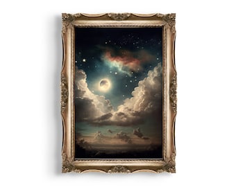 Impresión vintage del cielo nocturno / Estrellas celestiales, pintura al óleo de la luna (descarga digital)