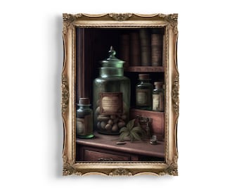 Lámina con tarros de boticario vintage / Arte mural de estilo Dark Academia (Descarga digital)