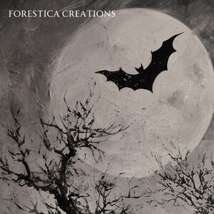 May include: A black bat silhouette flies in front of a large, grey, textured moon. The moon is partially obscured by a black, bare tree branch.