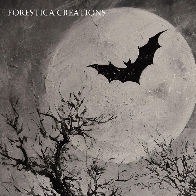 May include: A black bat silhouette flies in front of a large, grey, textured moon. The moon is partially obscured by a black, bare tree branch.