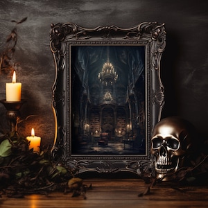 May include: A black ornate picture frame with a dark interior image of a grand library with a chandelier and a large armchair. The frame is sitting on a dark surface with a skull and candles.