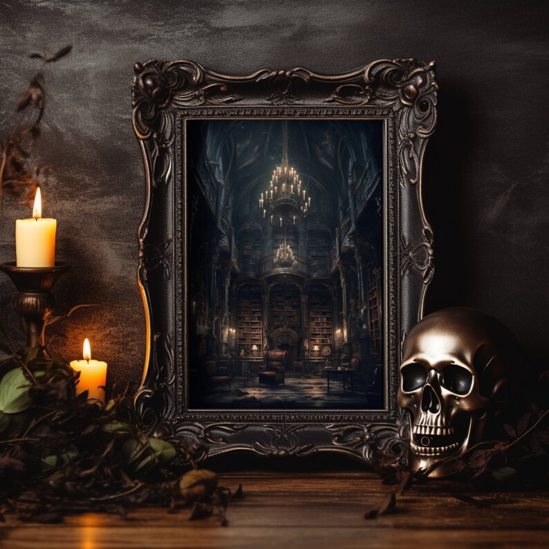 May include: A black ornate picture frame with a dark interior image of a grand library with a chandelier and a large armchair. The frame is sitting on a dark surface with a skull and candles.