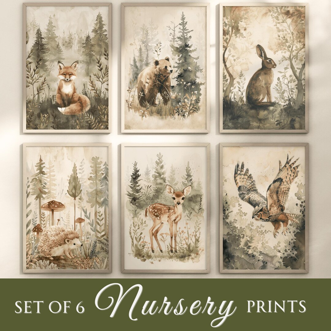 Set of 6 Nursery Prints | Forest Animal Gallery Wall Set, Cottagecore ...