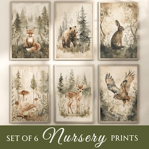 Set van 6 kinderkamerafdrukken | Forest Animals Gallery-wandset, Cottagecore-muurkunst, esthetische aquareltekening, kunst aan de muur babykamer