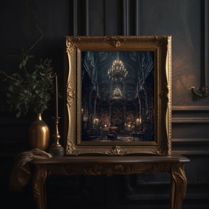May include: A gold framed picture of a dark, ornate library with a large chandelier hanging from the ceiling. The library is filled with bookshelves and a few chairs.
