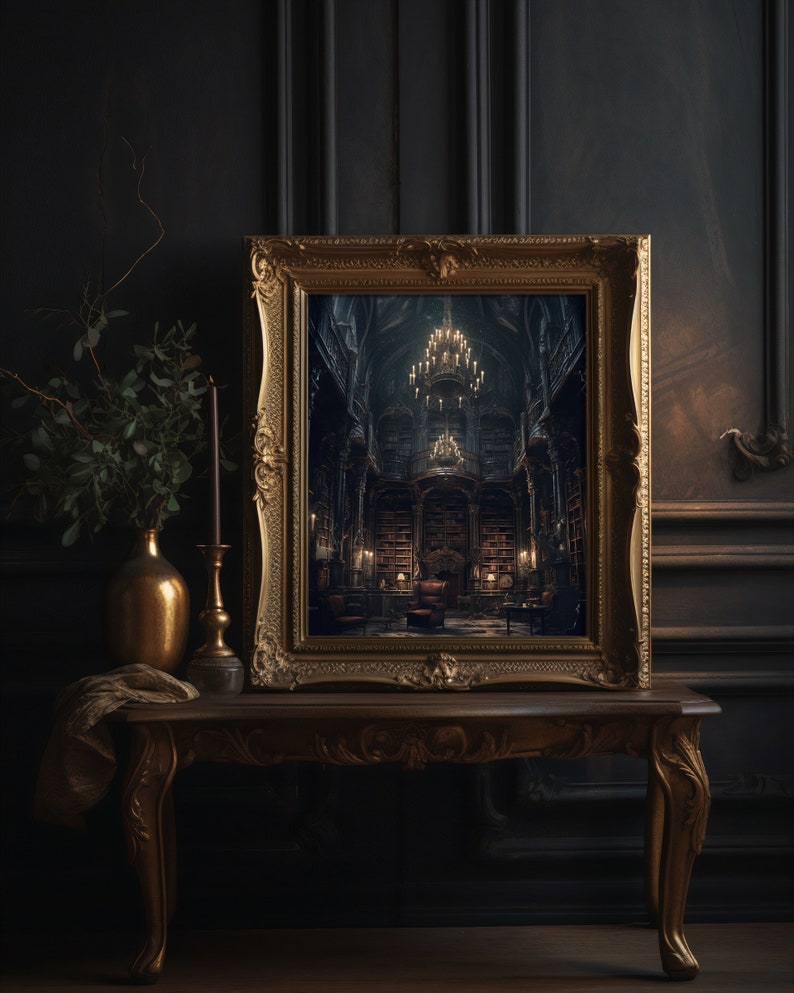 May include: A gold framed picture of a dark, ornate library with a large chandelier hanging from the ceiling. The library is filled with bookshelves and a few chairs.