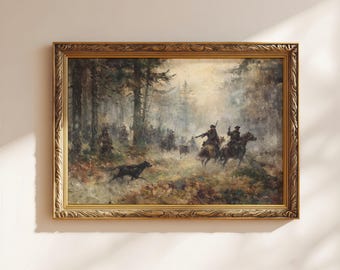 Forest Hunting Printable Wall Art - Vintage Woodland Painting, Rustic Forest Decor, Antique Oil Style (Digital Download)