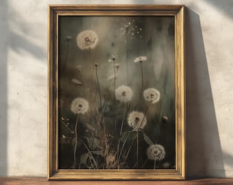 Dandellions | Cottagecore Prints, Botanical Decor, Floral Wall Art, Dark Academia, Moody Flower Painting, Plant Art, Wildflower Art Print