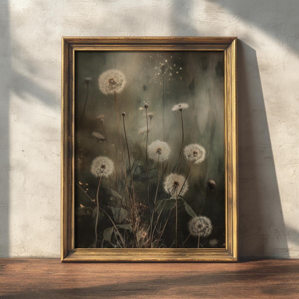 Dentes-de-leão | Impressões Cottagecore, Decoração Botânica, Arte Floral para Parede, Estilo Dark Academia, Pintura Floral Melancólica, Arte de Plantas, Impressão de Arte de Flores Silvestres