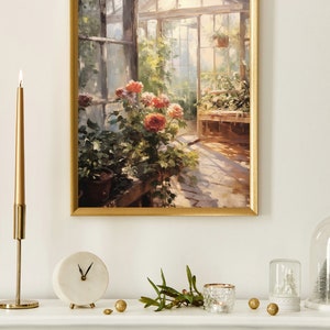 May include: A painting of a sunlit greenhouse with a wooden bench and potted plants, including pink and red flowers. The painting is framed in gold.
