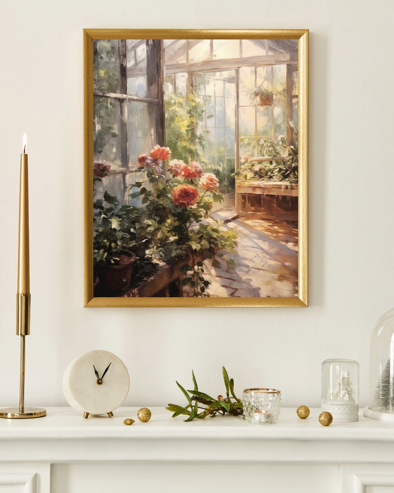 May include: A painting of a sunlit greenhouse with a wooden bench and potted plants, including pink and red flowers. The painting is framed in gold.