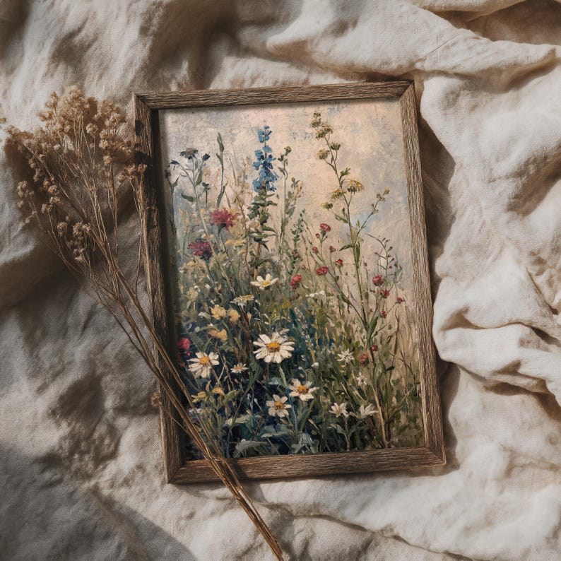 Antique-style oil painting with a rich tapestry of wildflowers, perfect for shabby chic interiors.