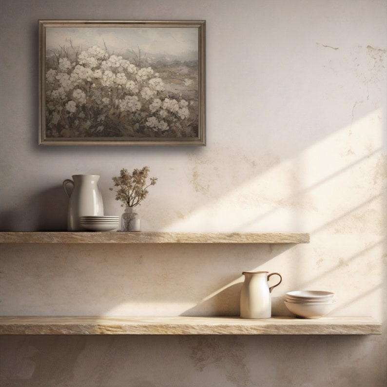 Moody meadow painting with dense clusters of white flowers, set against a somber, earthy palette.