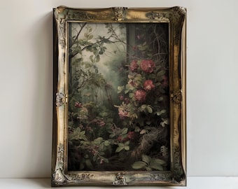 Secret Garden | Dark Cottagecore, Dark Academia Art, Vintage Floral Painting, Botanical Prints, Witch Room Decor, Dark Green Aesthetic