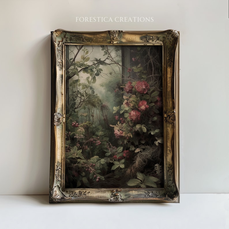 Secret Garden printable, made in vintage oil painting aesthetic, perfect for dark academia and dark cottagecore wall galleries. Made in moody botanical aesthetic.