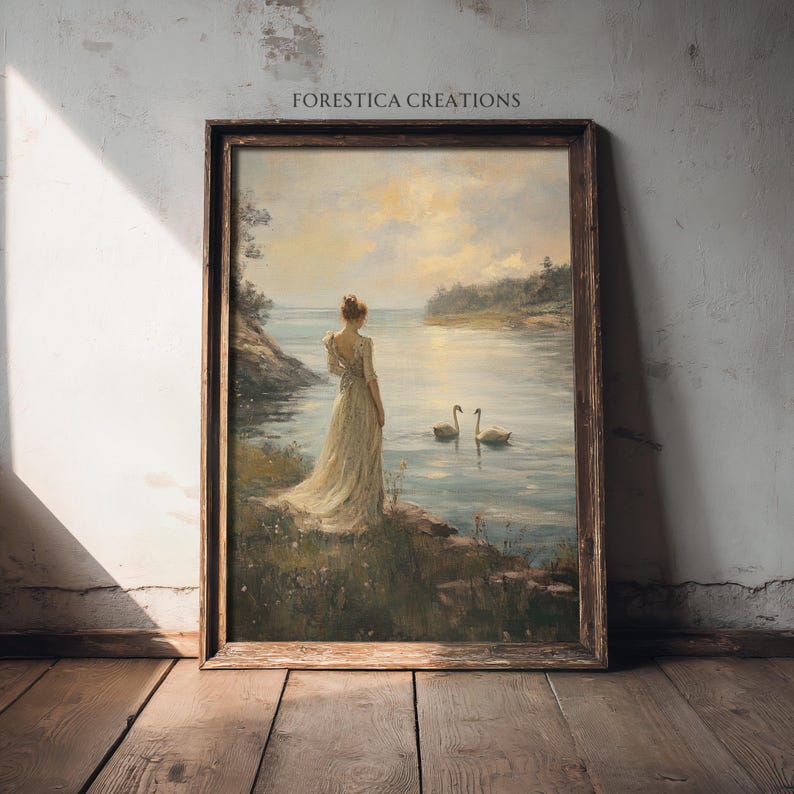 May include: A painting of a woman in a white dress standing on a lakeshore, looking out at two swans swimming in the water. The sky is a soft blue with clouds, and the water is a calm, reflective surface.