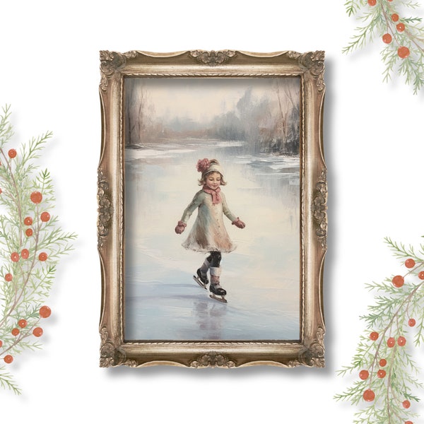 Little Skater | Winter Home Decor, Snowy Wall Art, Vintage Wall Decor, Christmas Prints, Antique Oil Painting Aesthetic, Light Academia Art