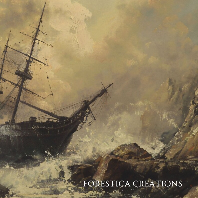 May include: A black and white painting of a ship crashing against rocky cliffs in a stormy sea. The sky is a muted yellow with dark clouds. The text "FORESTICA CREATIONS" is at the bottom of the image.