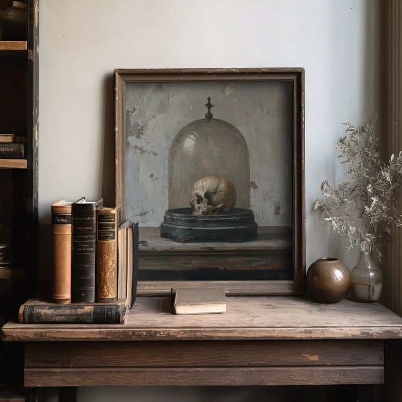 Moody vintage art print capturing a gothic still life scene, ideal for a macabre art collection or eclectic aesthetic.