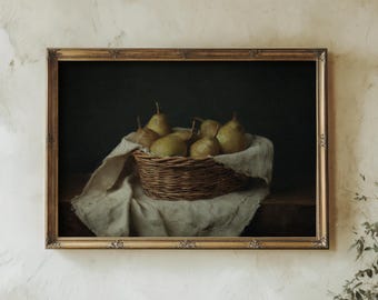 Pears Painting: Dark Moody Still Life Print, Antique Kitchen Decor (Digital Download)