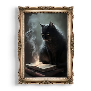 El gato de la bruja / Decoración de habitación de brujas, Láminas de Dark Academia, Arte mural literario, Pintura gótica imprimible, Decoración estética de escritorio, Lámina de biblioteca