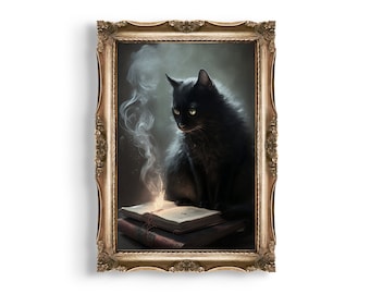 The Witch&#39;s Cat | Witchy Room Decor, Dark Academia Prints, Bookish Wall Art, Gothic Painting Printable, Desk Decor Aesthetic, Library Print