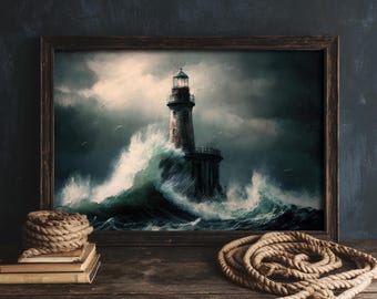 Stormy Seascape Lighthouse Print: Vintage Coastal Wall Art (Digital Download)