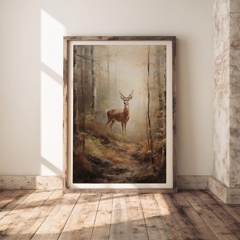 High-resolution digital print of a deer in an autumn forest, styled in vintage oil painting tones—perfect for dark academia and cottagecore wall art collections.