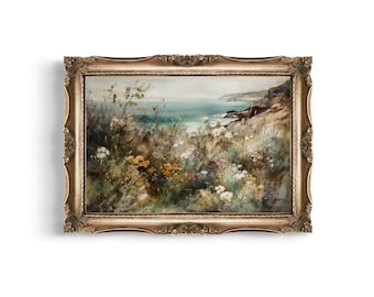 Coastal Landscape | Moody Cottagecore Wall Decor, Ocean View Oil Painting Print, Nautical Vintage Painting, Botanical Floral Wall Art