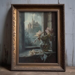 A still life painting in the Victorian style with faded florals, a glass vase, and a distant castle view through a window, capturing a dark cottagecore and medieval aesthetic.