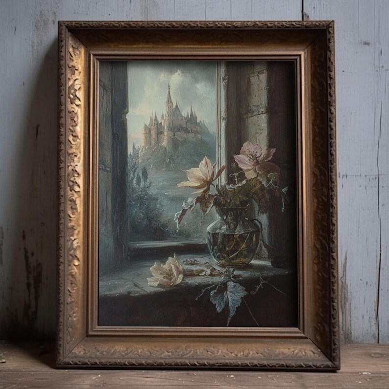A still life painting in the Victorian style with faded florals, a glass vase, and a distant castle view through a window, capturing a dark cottagecore and medieval aesthetic.