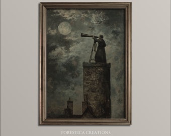 The Astronomer | Dark Academia Prints, Moody Wall Art, Gothic Home Decor, Celestial Artwork, Oil Painting Aesthetic, Vintage Astronomy Art